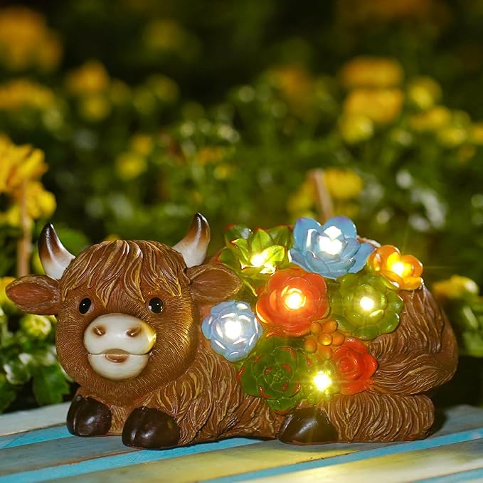 Nacome Solar Garden Statues Highland Cow with Succulent and 6 LED Lights - Lawn Decor for Patio Balcony Yard Ornaments - Birthday Gifts Mom Grandma Women(Brown)
