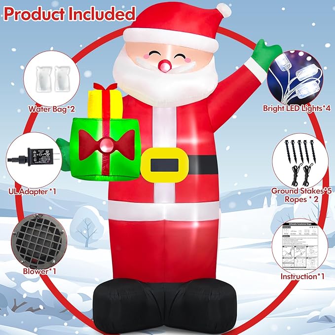 Danxilu 8Ft Christmas Inflatables Santa Claus Outdoor Decoration, LED Lights Inflatable Santa Claus with Gift Bag Giant Blow Up Outside Xmas Decorations for Yard Garden Lawn Party Holiday Decor
