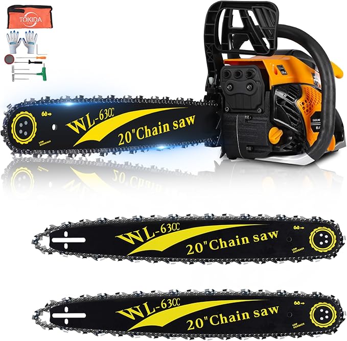 63cc Gas Powered Chainsaw 20 Inch, 3.2KW 2-Stroke Engine, Heavy Duty Gas Chain Saw with 2 Chains & 2 Bars, Automatic Oiler, Anti-Vibration Handle for Logging, Firewood & Tree Cutting