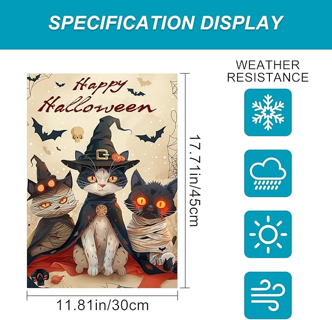 Happy Halloween Garden Flag Three Cute Cats Witch Mummy Flag 12x18 Inch Double Sided Spooky Outdoor Yard Decor House Banner Porch Lawn Patio Home Decoration