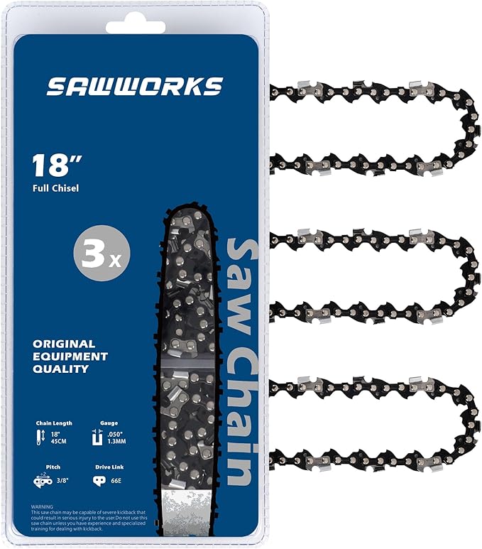 3-Pack 18 Inch Chainsaw Chain 3/8" Pitch .050" Gauge 66 Drive Links for 33RS-66 Stihl, Echo, Homelite and More