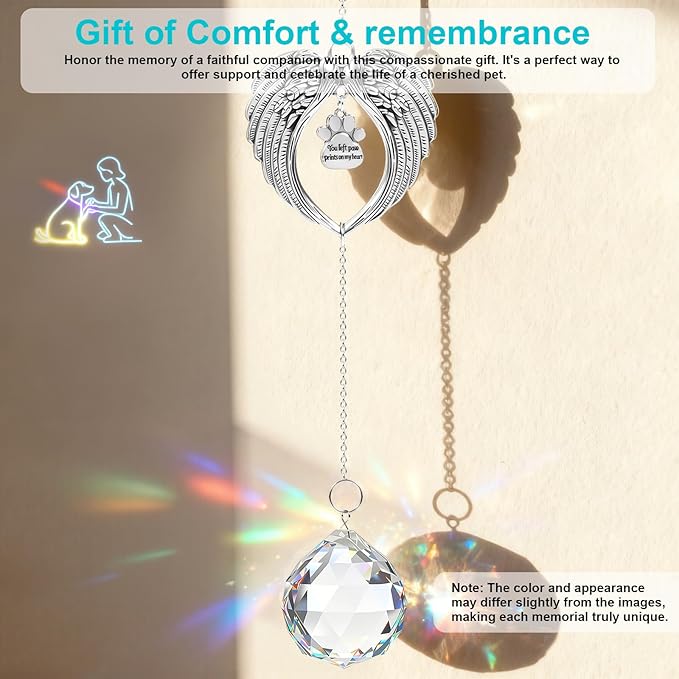 Pet Memorial Gifts for Loss of Dog or Cat, Crystal Suncatcher with Rainbow Light Effect and Angel Wing Design, Includes Fur Keepsake Keychain, Sympathy Gift Set for Remembrance & Bereavement