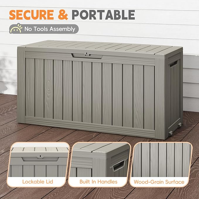 Outdoor Storage Box, 72 Gallon Deck Box Waterproof, Resin Patio Storage Bin for Package Delivery, Patio Furniture Cushion, Garden Tools, Pool Accessories, Weatherproof, Grey