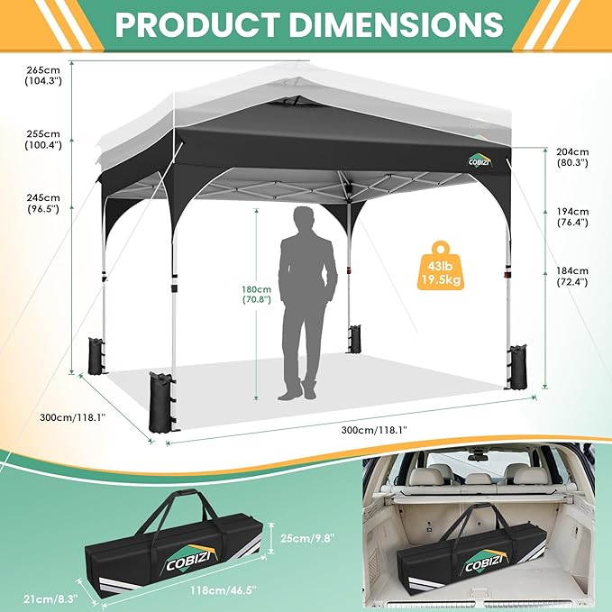 COBIZI 10x10 Pop up Canopy, Canopy Tent 10x10 with 3 Sidewalls, 1 Person Easy Set up，Tents for Parties, Outdoor Tent with Fluorescent Strip & 4 Sandbags, Waterproof, 3 Adjustable Height（Black）