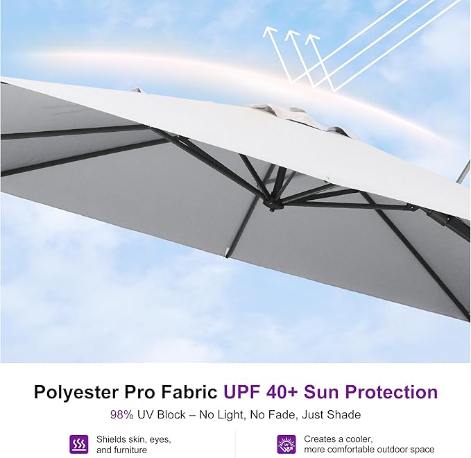 PURPLE LEAF 10' X 6.5' Swivel Outdoor Patio Aluminum Umbrella with Base Left-right Tilting Cantilever Offset Umbrella with UV Resistant Heavy Duty Fabric for Deck Pool Patio Backyard, Pebble Grey
