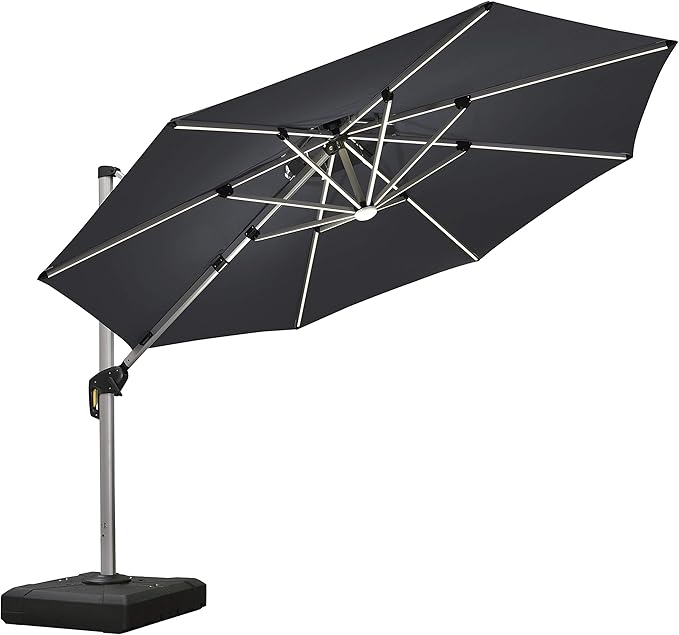 PURPLE LEAF 10ft Solar powered LED Patio Umbrella Outdoor Round Umbrellas Large Cantilever Umbrella with LED lights Windproof Offset Heavy Duty Sun Umbrellas for Garden Deck Pool Patio, Grey