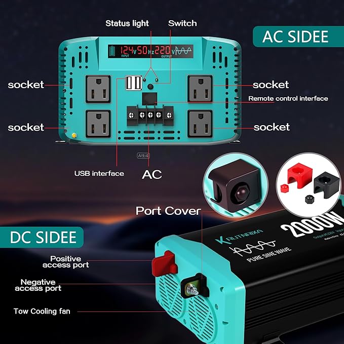 4000W Pure Sine Wave Inverter 12V DC to 120V AC for RV, Truck, Off-Grid, Home, Solar Car Power Inverter with Dual AC Hardwire Port, 20A Socket, 5V 2.1A USB