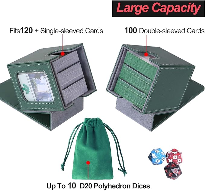 AFIING MTG Deck Box for Commander Display,Card Deck Box Fits 100 Double Sleeved Cards, Magic Commander TCG Card Storage case with 2 Dividers,Dice Bag and 1 Toploader(Green/Grey)