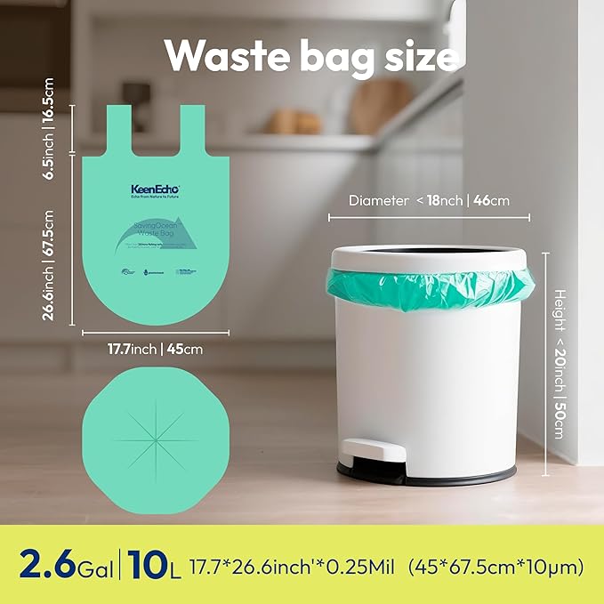 2.6 Gallon 200 Counts Small Green Trash Bags with Handle, Ocean Fishing Nets Upcycling, Sage & Sea Salt Scented, Plastic Garbage Bags, Waste Bag for Kitchen, Bathroom, Office and Pets