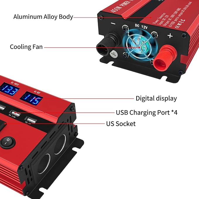400W Power Inverters for Vehicles, Car Power Inverters DC 12V to 110V AC Car Plug Adapter Outlet with 2 Type-C (Equip with 2 USB), Fast Charger for Phone, Laptop