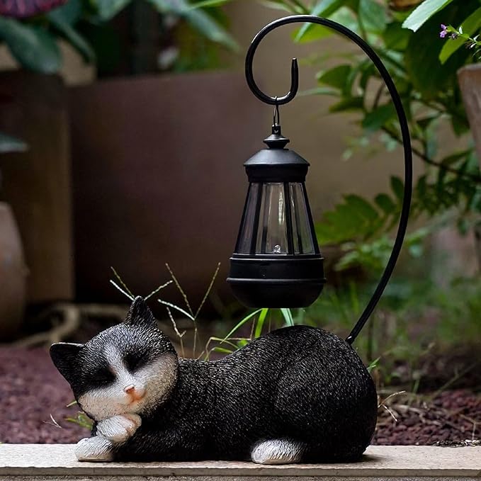 Solar Cat Statues with Lantern for Garden Outdoor Statue, Garden Lawn Outdoor Cat Statue, Cat Figurines Crafted Garden Sculptures & Statues for Patio, Yard, Lawn & Porch Gardening Gifts for Mom(13")