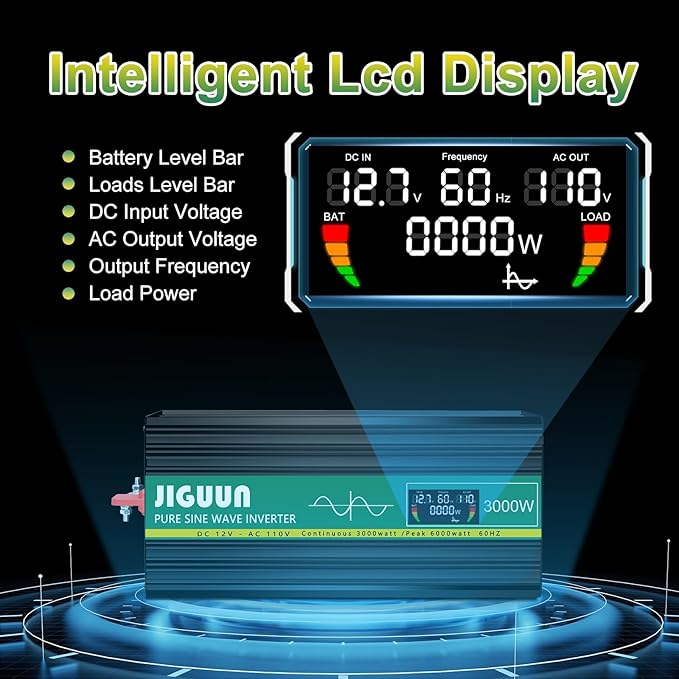 Pure Sine Wave Inverter,3000W 12V to 110V Power Inverter Converter,USB Output LCD Display for Household Home Car RV Camping Use W/Protective Cap