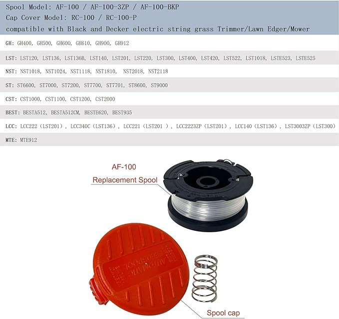 AF-100 Replacement Spool for Black & Decker BESTA510 LSTE523 LSTE525 LST300 LCC340C LST136 LST136B LST140C LCC222 LST201 String Trimmer Eater String for AF-100-BKP/AF-100-3ZP Spool