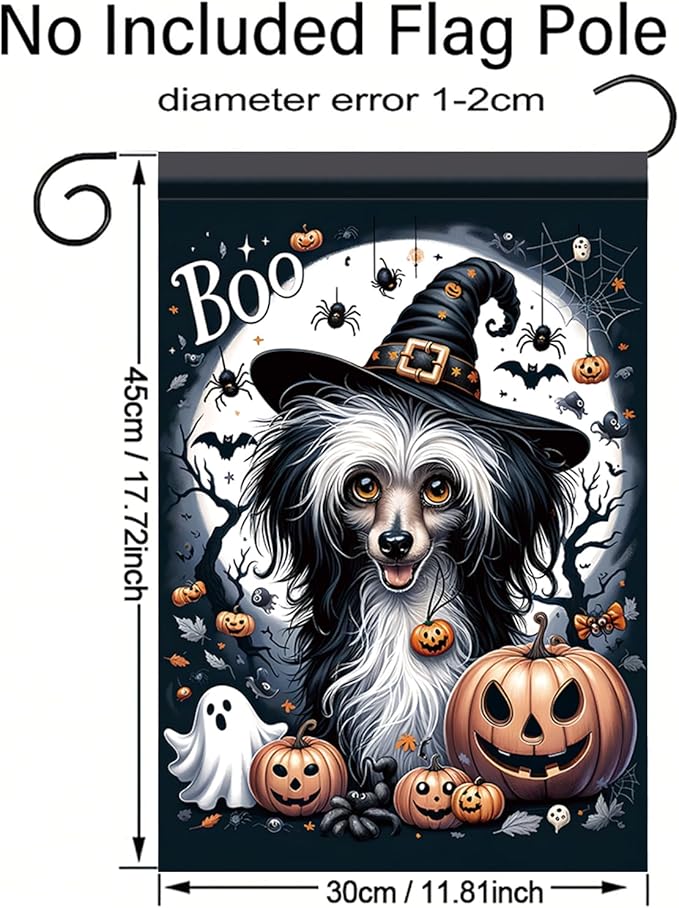 Halloween Garden Flag Chinese Crested Dog Flag 12x18 Inch Boo Pumpkin Yard Banner Double Sided Outdoor Trick or Treat House Decoration for Lawn Porch Patio Holiday Fall Decor