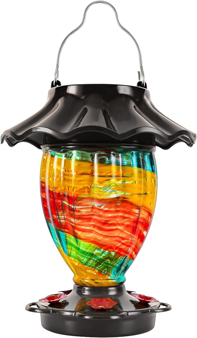 LUJII Solar Hummingbird Feeder for Outside, Color Changing, Hand Blown Glass, 32 fl.oz Never Leak, Waterproof & Rustproof, Lighted Lantern for Patio Decor, Unique Gift for Bird Lover (Ribbon)