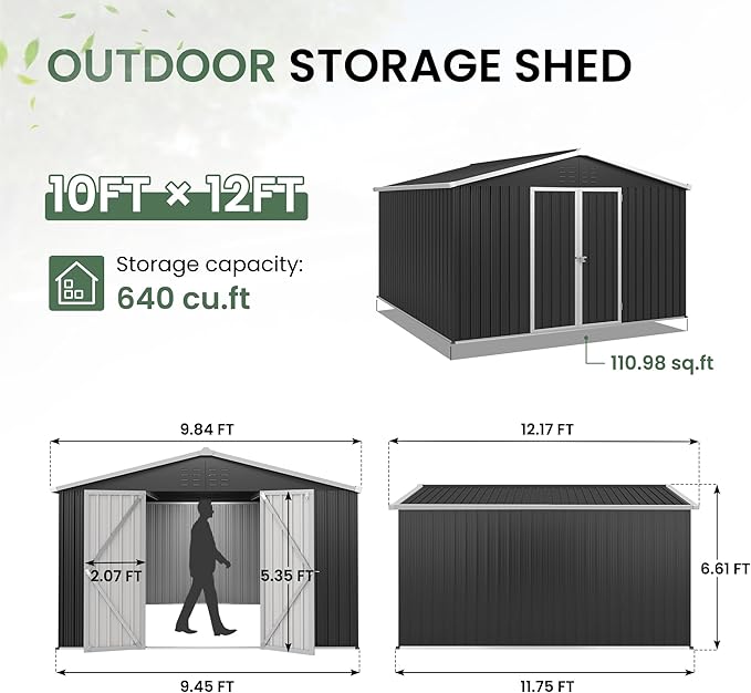 Amopatio 12x10 Storage Shed, Metal Sheds & Outdoor Storage for Bike, Garden Tools, with Lockable Door