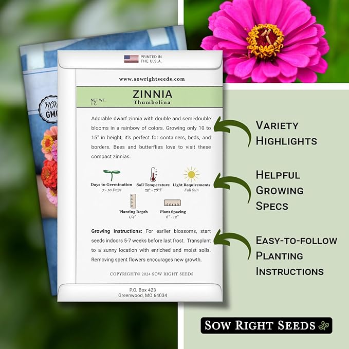 Sow Right Seeds - Thumbelina Zinnia Seeds for Planting - Beautiful to Plant in Your Flower Garden - Non-GMO Heirloom Packet with Instructions - Annual Cut and Come Again for Bouquets (3)