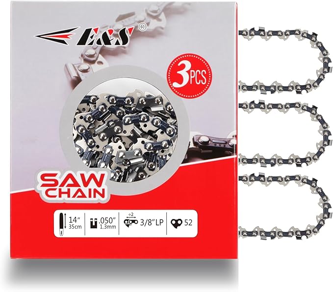 E & S 3 Pack 14 Inch Chainsaw Chain 3/8" LP Pitch .050" Gauge 52 Drive Links Semi-Chisel Chain Saw Chains for Husqvarna, Poulan, Craftsman, Greenworks and More Chainsaw Brands