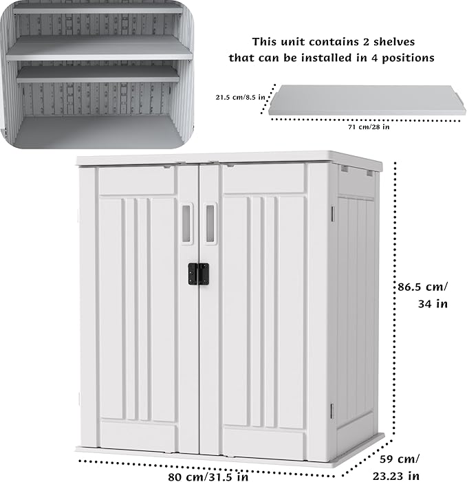 Heavy Duty Small Storage Cabinet Outdoor Weatherproof, 14 Cuft Garage Storage Cabinet with 2 Adjustable Shelves, Lockable Kitchen Pantry Closer Organizer, 31Wx23Lx34H, Polar White