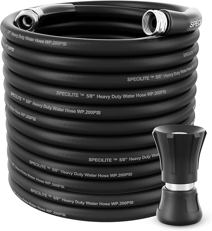SPECILITE 5/8" Garden Hose 200 ft with High Flow Nozzle, Heavy Duty Flexible Hybrid Rubber Water Hose for Outdoor, Lightweight, Leak-Proof, No-Kink, 3/4"Stainless Steel Fittings,Black