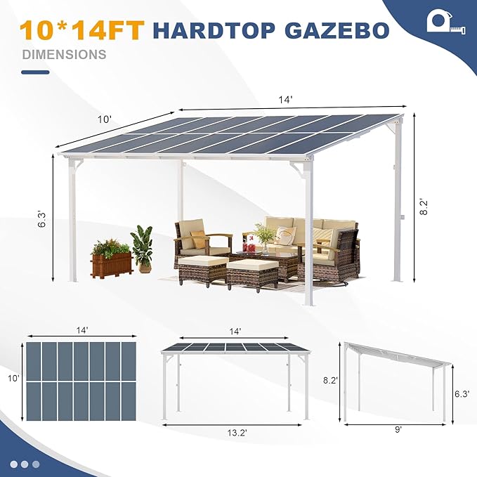 MEISSALIVVE 10' x 14' Wall Mounted Lean to Metal Awnings with Sloped Roof, Outdoor Patio Gazebo Awning for Backyard, Deck, White