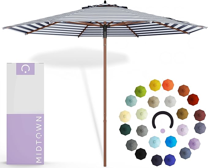 Midtown Umbrellas The Wooden 10 Feet Patio Umbrella With Terylast Navy Stripes (Navy/White Stripes) Polyester Fabric - Aluminum Frame Market Umbrella For Backyard, Deck, Garden, Pool - Wooden Pole