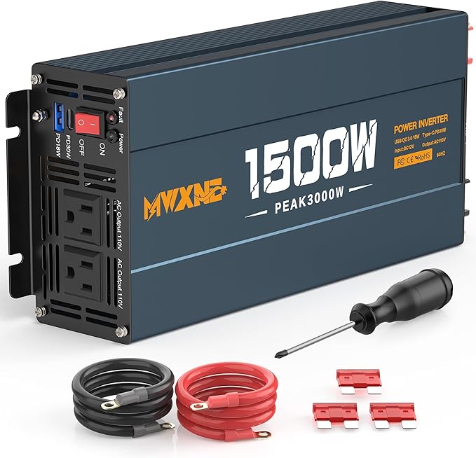 1500W Power Inverter, 12V DC to 120V AC Converter with Dual AC Outlets,QC3.0 18W USB and 30W Type-C, Car Inverter for Truck RV Home - Navy Blue/Black