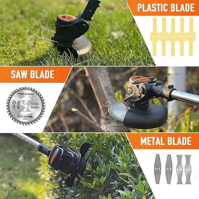 Electric Weed Wacker 21V Electric Weed Cordless Eater with 2pcs Batteries and 3 Types Blades&Auxiliary Wheel Weed Trimmer Lightweight 3 in 1 Stringless Grass Trimmer Edger/Brush Cutter for Lawn