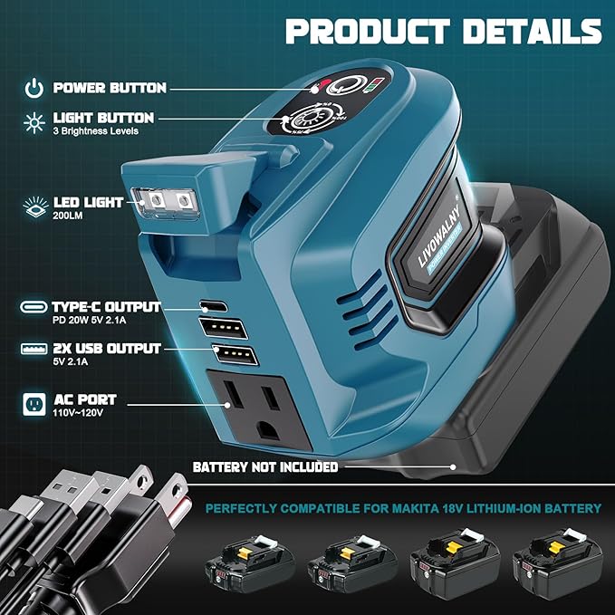 Real 200W Power Inverter Compatible With Makita, DC 18V to AC 110-120V Battery Inverter, LIVOWALNY Portable Power Station Generator, Charger Adapter Battery Powered with 2 USB & 1 Type-C & 1 AC Outlet
