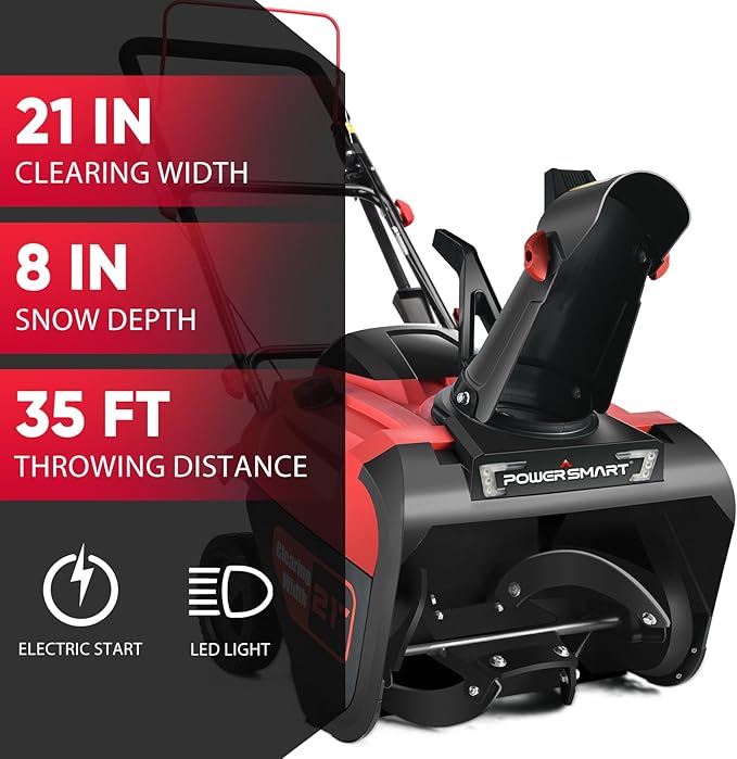 PowerSmart Single-Stage Gas Snow Blower with Electric Start, 21-Inch, 212cc 4-Stroke Engine, LED Light