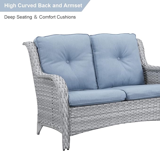 HUMMUH 5 Pieces Outdoor Furniture Patio Furniture Set Wicker Swivel Patio Chairs with 2 Seater Outdoor Sectional Sofa/Patio Loveseat with Ottomans(Light Grey/Light Blue)