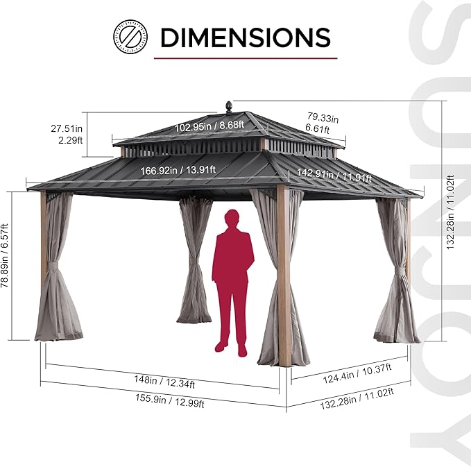 SUNJOY Kingston 14' x 12' Hardtop Gazebo with Galvanized Steel Double Roof, Curtain and Netting, Woodgrain Finish Aluminum Posts Permanent Pavilion Gazebo for Garden, Patio, Deck, Lawn