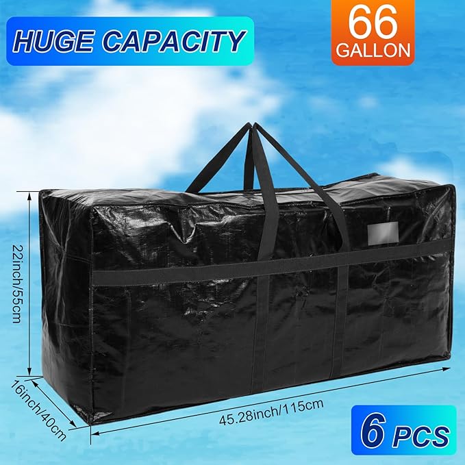 6 Pcs 66 Gallon Large Moving Bags with Zipper and Handles Foldable Storage Duffle Bags Heavy Duty Extra Large Totes for College Dorm Travel Clothes Blankets Bedding Moving (Black)