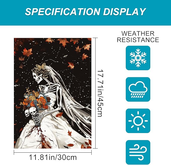 Halloween Horror Garden Flag 12x18 Inch Bloody Skeleton Bride Skull Flower Bouquet Flag Outdoor Yard Decoration House Banner Porch Lawn Patio Home Decor