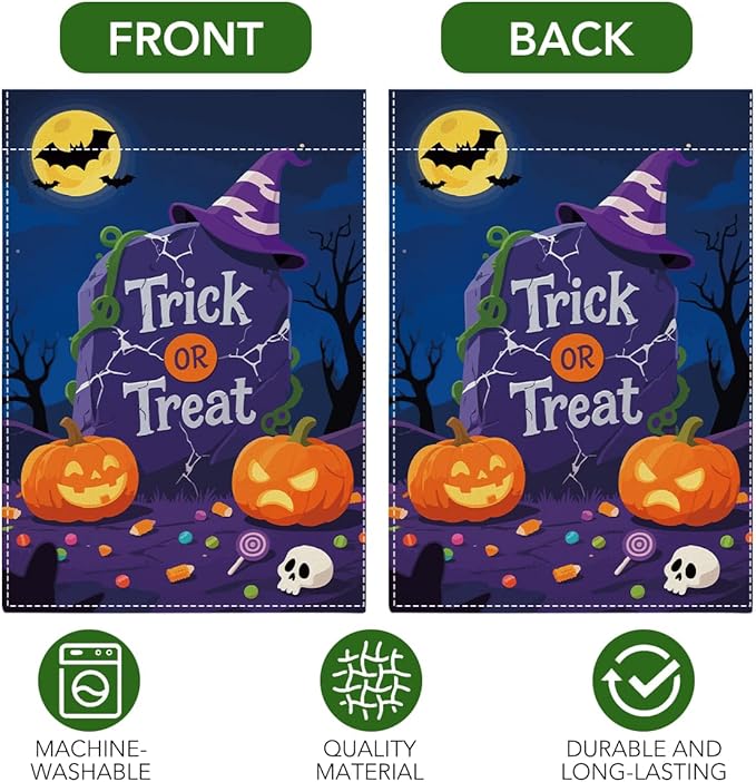 Halloween Garden Flag Trick or Treat Bat Pumpkins Fall Halloween Themed Holiday Party Outside Outdoor Lawn Decorations Yard Flag Double Sided 12x18 Inch