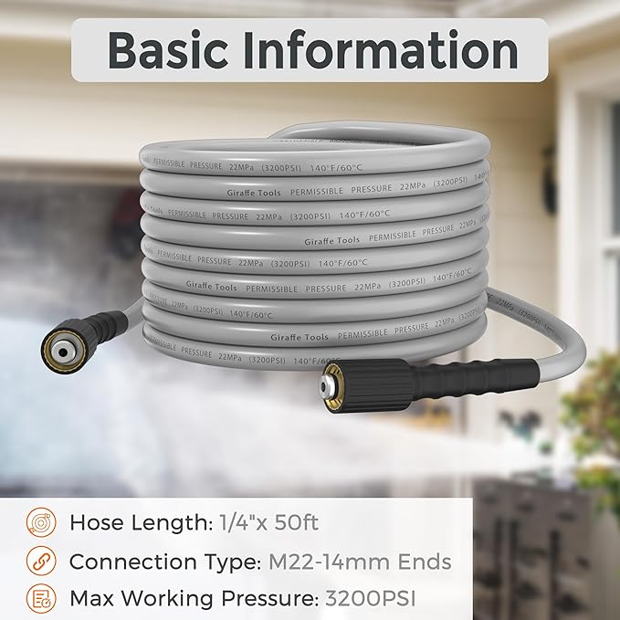 Giraffe Tools Pressure Washer Hose 50FT X 1/4", 3200 PSI Pressure Washing Hose, Kink Resistant, Heavy Duty Power Washer Hose, M22 to 3/8" Quick Connect Couplers for Replacement, 7 Accessories
