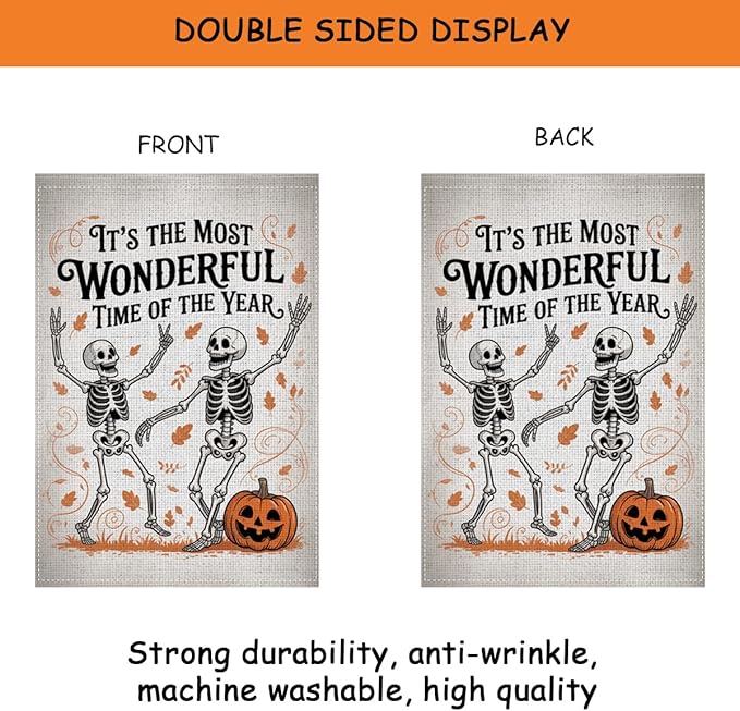 HTBIG Funny Halloween WSkeleton Garden Flag, Halloween Wonderful Time Flag, Yard Flags for Outside 12x18 inch, Outside Yard for Home Decorations
