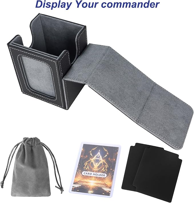 AFIING MTG Deck Box for Commander Display,Card Deck Box Fits 100 Double Sleeved Cards, Magic Commander TCG Card Storage Box with 2 Dividers,Drawstring Bag and 1 Toploader(Black/grey)