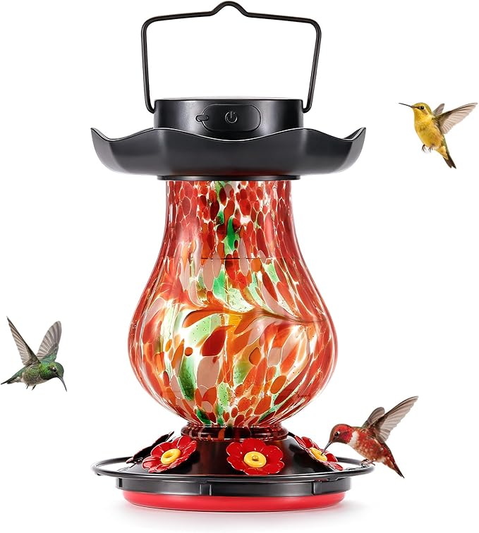 Solar Hummingbird Feeder for Outdoor - 25 fl.oz Hand Blown Glass Hummingbird Feeders for Outdoors Hanging, Large Capacity with Moat, 6 Colors Changing Light Outside Garden Decor (Red)