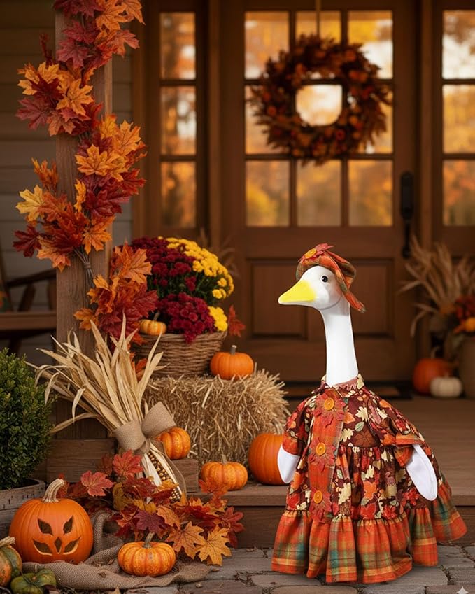 Fall Porch Goose Outfits with Maple Leaf Design, 2 Pcs/Set Lawn Cement Goose Clothes for Thanksgiving Day, 23" Patio Yard Garden Geese Decoration