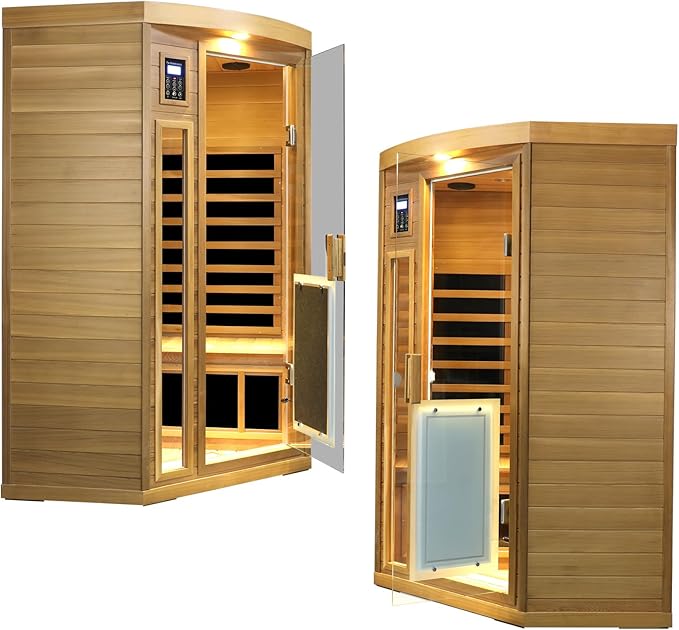 2-3 Person Infrared Sauna, Red Cedar Wood Low EMF Far Infrared Saunas for Home, 1760watt Indoor Personal Sauna Roombox with Door Heating Panels, Outdoor Lamps, Blue-Tooth, Dual Control