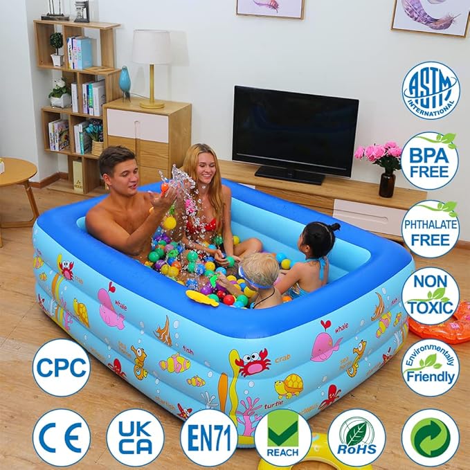 Inflatable Pool with Inflatable Soft Floor, Kiddie Pool 59" x 43" x 20" Ocean World Kids Swimming Blow Up Pool for Kids, Backyard, Garden, Outdoor, Party