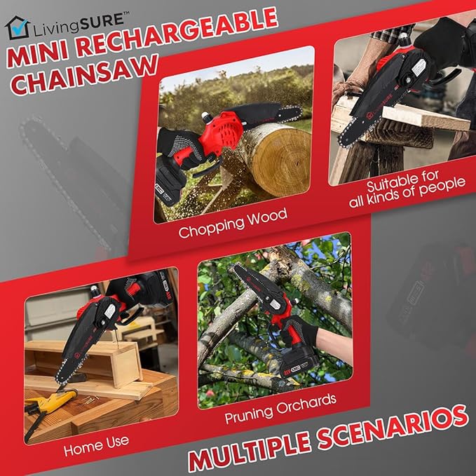 LivingSURE Mini Cordless Rechargeable Chainsaw Kit – 21V Handheld Electric Saw with 2 Batteries, Safety Features & Accessories – Lightweight 6" Bar for Tree Trimming, Firewood & Garden DIY Tasks
