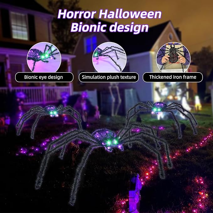HOYECHI 3-Piece Lighted Halloween Spider - Holiday Decorations Outdoor Set of 3 Spider with 35 LED Lights for Front Yard Porch Gardens Party Outside Halloween Decor - Black