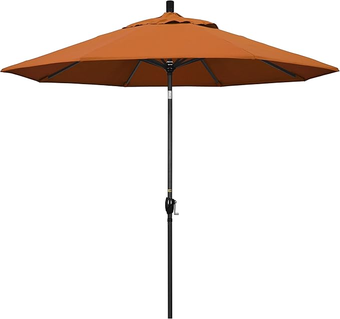 California Umbrella 9' Round Aluminum Market Umbrella, Crank Lift, Push Button Tilt, Black Pole, Sunbrella Tuscan