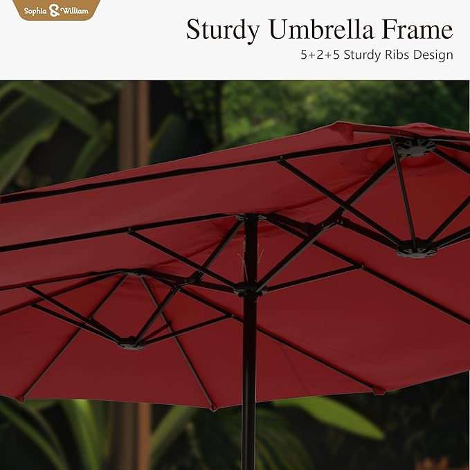 Sophia & William 15 ft Extra Large Patio Umbrella with Base Included, Rectangular Outdoor Umbrella Heavy Duty, Market Umbrella Double-sided Fade Resistant for Pool Garden Backyard, Burgundy
