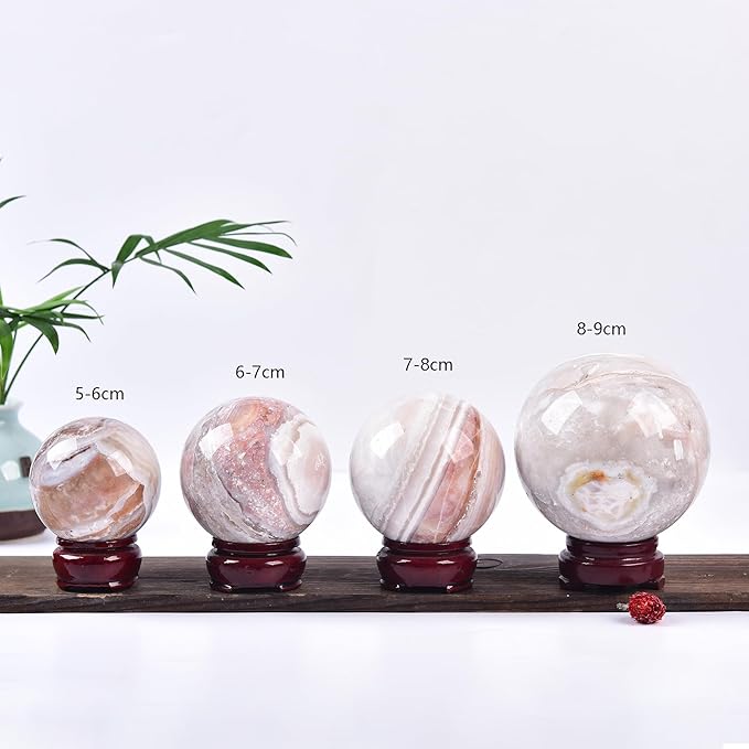 JIC Gem Large Pink Crystal Sphere with Stand Agate Crystal Ball Gemstone Decorative Ball for Home Decor Altar Reiki Healing Gift 80-90mm
