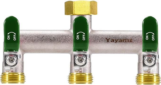 3 Way Garden Hose Splitter, Heavy Duty Brass Nickel Plated Rust Resistant Faucet Manifold, 3/4" Frost Resistant Outdoor Hose Adapter Connector，Hose Spigot Adapter with 3 Large Green Handles