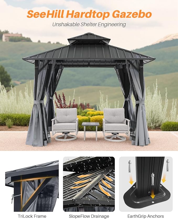 12' x 12' Hardtop Gazebo, Aluminum Frame Patio Hardtop Gazebos with Netting and Curtain, Outdoor Patio Pergola, Outdoor Patio Gazebo with Double Metal Roofs for Lawns, Garden, Deck, Slate Gray