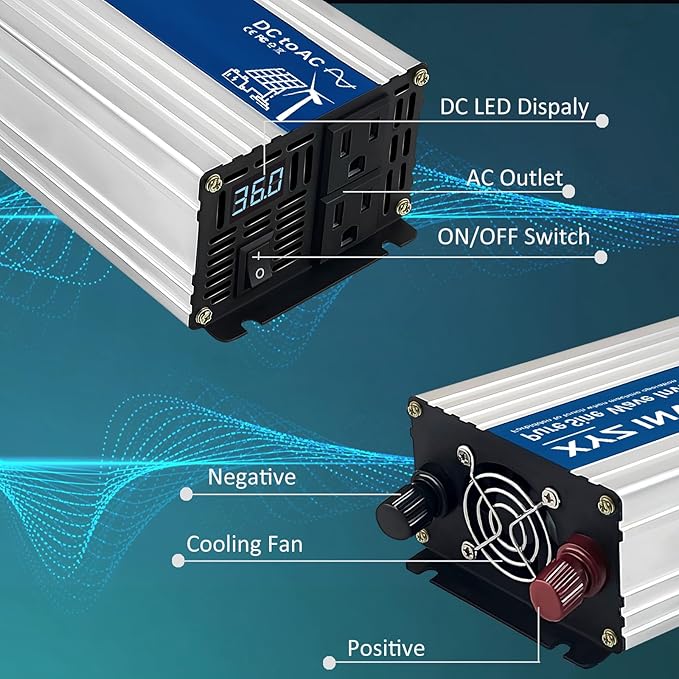 1200W Pure Sine Wave Power Inverter DC 36V to AC 110V/120V, 2400W Peak, Car/Truck Power Converter for Solar, Home, Vehicle & Rechargeable Devices with LED Display